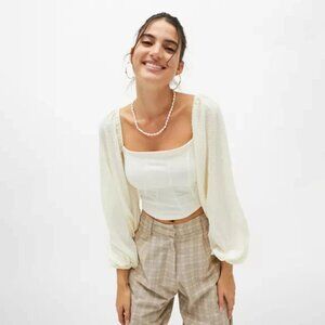 Urban Outfitter Claudia Blouse Cropped Balloon Sleeve White Cottagecore Size XS